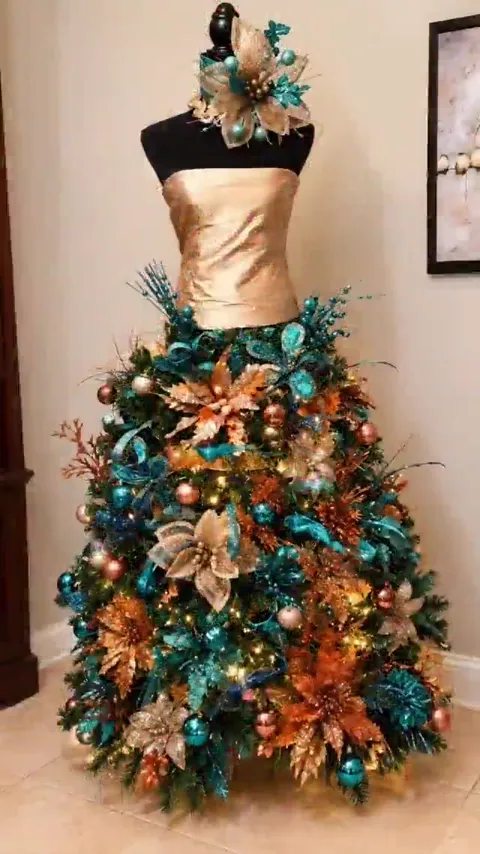 Teal and gold couture dress-form Christmas tree