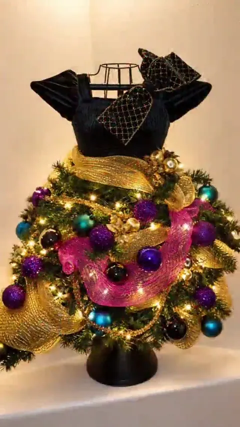 Black gold and purple couture dress-form Christmas tree